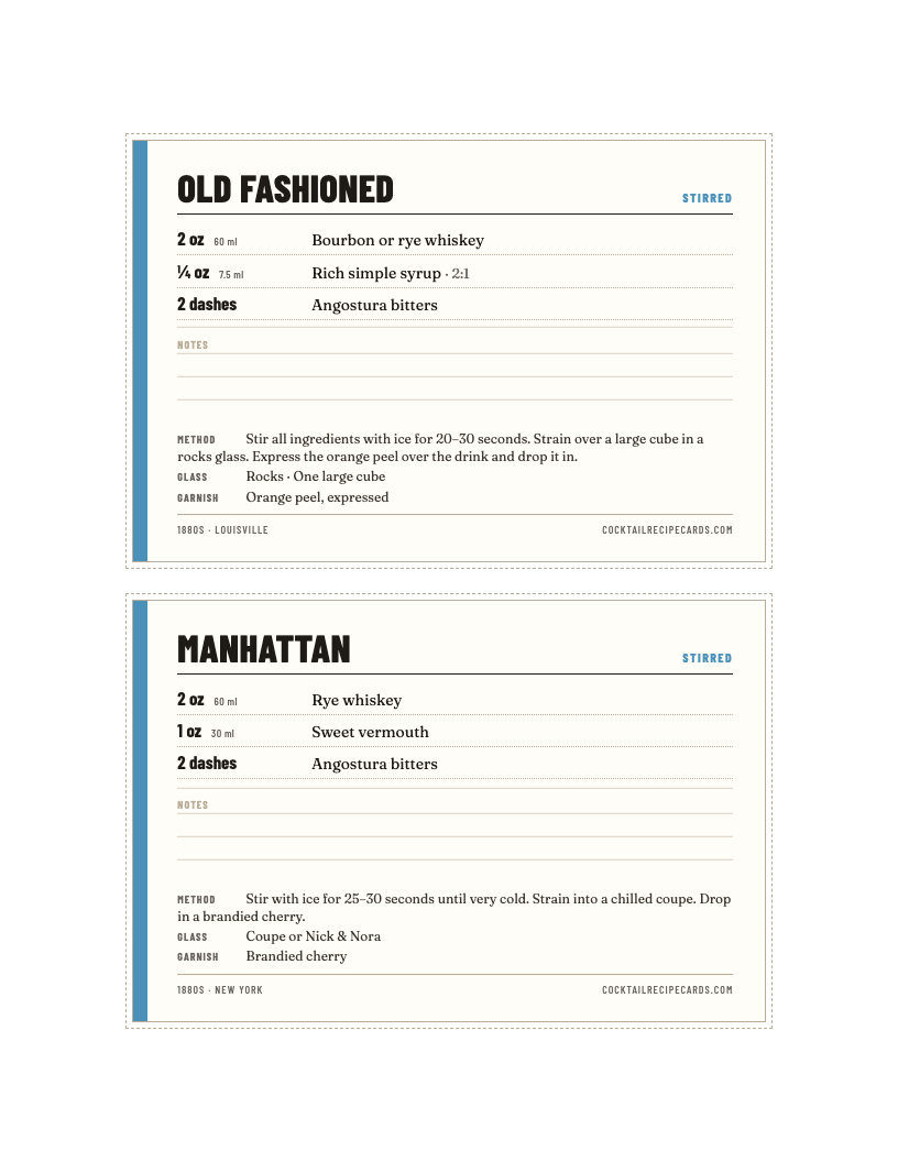 Preview of Classic cocktail recipe cards, the set
